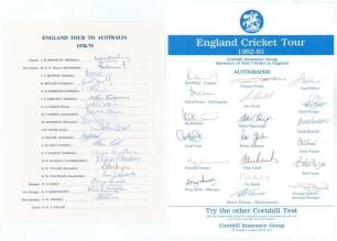 England tours to Australia 1978/79 and 1982/83. Two official autograph sheets with printed titles and players&rsquo; names. Both sheets nicely and fully signed in ink by the playing members of the touring parties. Players&rsquo; signatures are Brearley, Willis, Botha