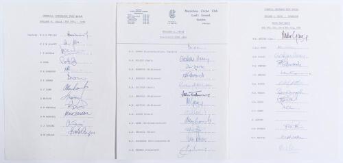 England v India 1982 & 1986. Three official autograph sheets of England teams for &lsquo;home&rsquo; Test matches against India at The Oval 8th- 13th July 1982, Lord&rsquo;s 5th- 10th June 1986, and Edgbaston 3rd- 8th July 1986. Each sheet with printed title and players&rsquo; n