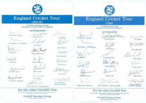 England tours to Australia & New Zealand 1982/83 and to Fiji, New Zealand & Pakistan 1983/84. Two official autograph sheets with printed titles and players&rsquo; names. Both sheets nicely and fully signed in ink by the nineteen and eighteen members of the tour