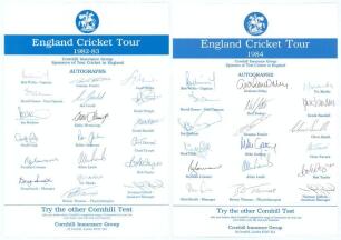 England tours to Australia & New Zealand 1982/83 and to Fiji, New Zealand & Pakistan 1983/84. Two official autograph sheets with printed titles and players&rsquo; names. Both sheets nicely and fully signed in ink by the nineteen and eighteen members of the tour