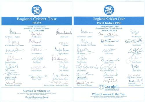 England tours to Sri Lanka, India & Australia 1984/85 and to West Indies 1985/86. Two official autograph sheets with printed titles and players&rsquo; names. Both sheets nicely and fully signed in ink by the twenty one members of the touring parties respectivel