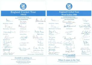 England tours to Sri Lanka, India & Australia 1984/85 and to West Indies 1985/86. Two official autograph sheets with printed titles and players&rsquo; names. Both sheets nicely and fully signed in ink by the twenty one members of the touring parties respectivel