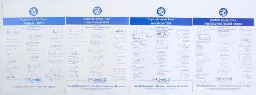 England tours to Australia 1986/87, New Zealand 1988, West Indies 1990 and Australia & New Zealand 1990/91. Four official autograph sheets with printed titles and players&rsquo; names. All sheets nicely and fully signed in ink by all members of the touring part