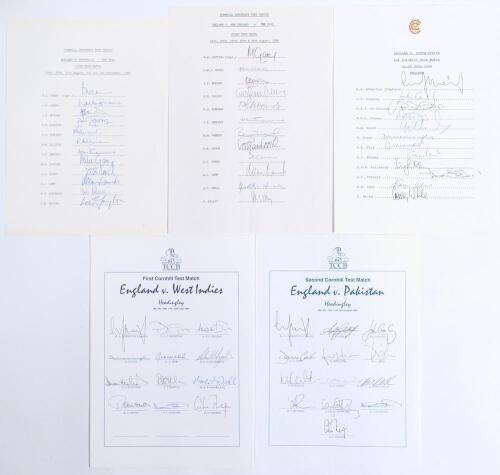England &lsquo;home&rsquo; Tests 1985-1996. Five official autograph sheets of England teams for Test matches v Australia, 6th Test, The Oval 29th August- 3rd September 1985, v New Zealand, 3rd Test, The Oval 21st- 26th August 1986, v South Africa, 1st Test, Lord&rsquo;s 21