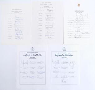 England &lsquo;home&rsquo; Tests 1985-1996. Five official autograph sheets of England teams for Test matches v Australia, 6th Test, The Oval 29th August- 3rd September 1985, v New Zealand, 3rd Test, The Oval 21st- 26th August 1986, v South Africa, 1st Test, Lord&rsquo;s 21