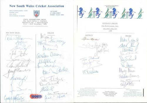 England tours to Australia 1986/87 & 1987/88. Two official autograph sheets. One for the tour match v New South Wales, Newcastle, 21st- 23rd November 1986, signed by ten New South Wales Players and fourteen members of the England touring party. The other 