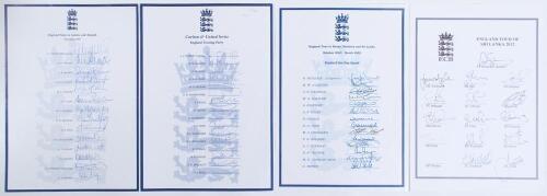 England tours to Lahore & Sharjah 1997, Australia 1998/99, Kenya, Pakistan & Sri Lanka 2000/01, and Sri Lanka 2012. Four official autograph sheets with printed titles and players&rsquo; names. All sheets (one exception) nicely and fully signed in ink by all pla