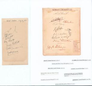 West Indies tours to England 1928 & 1939. Album page nicely signed in ink by six members of the 1928 West Indies touring party. Signatures are Roach, Bartlett, Scott, Neblett, Francis and Browne. Also a large album page signed in different coloured inks b