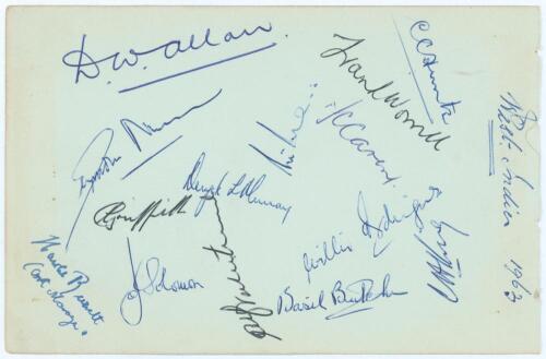 West Indies tour to England 1963. Large album page signed in ink by fourteen members of the Pakistan touring party. Players&rsquo; signatures are Worrell (Captain), Hunte, Carew, Rodriguez, King, Butcher, Hall, Murray, Valentine, Allan, Nurse, Griffith and Solo