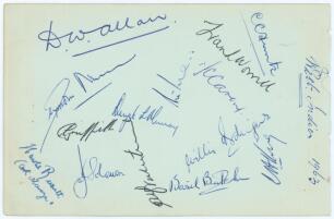 West Indies tour to England 1963. Large album page signed in ink by fourteen members of the Pakistan touring party. Players&rsquo; signatures are Worrell (Captain), Hunte, Carew, Rodriguez, King, Butcher, Hall, Murray, Valentine, Allan, Nurse, Griffith and Solo