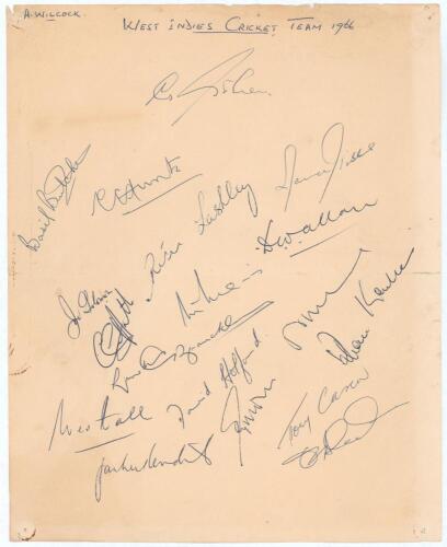 West Indies tour to England 1966. Unofficial autograph sheet signed in ink by seventeen members of the West Indies touring party. Players&rsquo; signatures include Sobers (Captain), Butcher, Hunte, Solomon, Lashley, Gibbs, Allan, Griffith, Brancker, Hall, Holfo