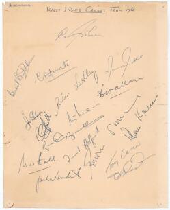 West Indies tour to England 1966. Unofficial autograph sheet signed in ink by seventeen members of the West Indies touring party. Players&rsquo; signatures include Sobers (Captain), Butcher, Hunte, Solomon, Lashley, Gibbs, Allan, Griffith, Brancker, Hall, Holfo