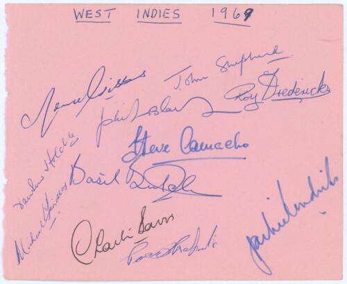 West Indies tour to England 1969. Large album page signed in ink by eleven members of the 1969 West Indies touring party. Signatures are Gibbs, Shepherd, Blair, Fredericks, Holder, Camacho, Butcher, Findlay, Davis, Roberts and Hendricks (lacking Sobers). 