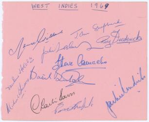 West Indies tour to England 1969. Large album page signed in ink by eleven members of the 1969 West Indies touring party. Signatures are Gibbs, Shepherd, Blair, Fredericks, Holder, Camacho, Butcher, Findlay, Davis, Roberts and Hendricks (lacking Sobers). 