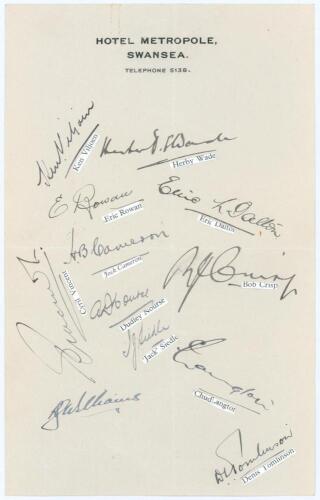 South Africa tour to England 1935. Page on Hotel Metropole, Swansea letterhead nicely signed in black ink by twelve members of the South Africa touring party. Signatures are Wade (Captain), Viljoen, Rowan, Dalton, Cameron, Crisp, Vincent, Nourse, Siedle, 