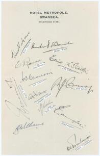 South Africa tour to England 1935. Page on Hotel Metropole, Swansea letterhead nicely signed in black ink by twelve members of the South Africa touring party. Signatures are Wade (Captain), Viljoen, Rowan, Dalton, Cameron, Crisp, Vincent, Nourse, Siedle, 