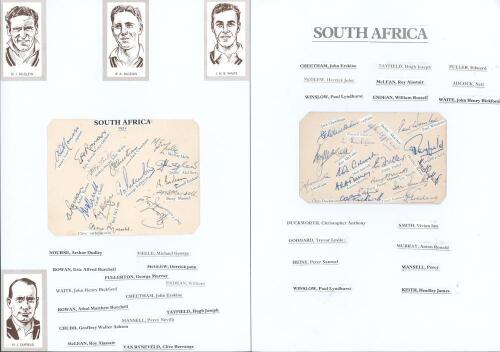 South Africa tours to England 1951 & 1955. Two album pages, one signed in ink by fourteen members of the 1951 touring party, the other by sixteen of the 1955 tour. Signatures include Nourse, E. & A. Rowan, Waite, McLean, van Ryneveld, McGlew, Endean, Mans
