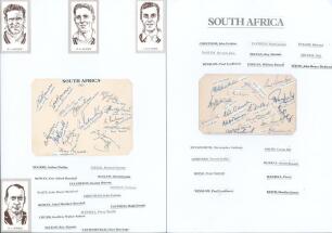 South Africa tours to England 1951 & 1955. Two album pages, one signed in ink by fourteen members of the 1951 touring party, the other by sixteen of the 1955 tour. Signatures include Nourse, E. & A. Rowan, Waite, McLean, van Ryneveld, McGlew, Endean, Mans