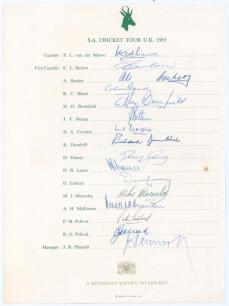 South Africa tour to England 1965. Official autograph sheet with printed title and players&rsquo; names, fully signed in ink by all sixteen members of the touring party. Signatures are van der Merwe (Captain), Barlow, Bacher, Bland, Bromfield, Botten, Crookes, 