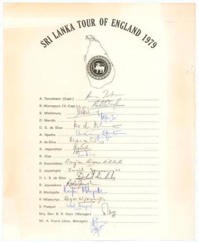 Sri Lanka tours to England 1979 and 1984. Two official autograph sheet with printed title and players&rsquo; names, signed in ink by all of the listed members of the Sri Lanka touring parties. Signatures include Tennekoon, Warnapura, Wettimuny, Mendis, D.S. de 