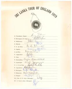 Sri Lanka tours to England 1979 and 1984. Two official autograph sheet with printed title and players&rsquo; names, signed in ink by all of the listed members of the Sri Lanka touring parties. Signatures include Tennekoon, Warnapura, Wettimuny, Mendis, D.S. de 