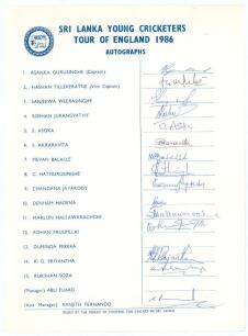Sri Lanka Young Cricketers and Under 19 tours to England 1986 and 1992. Two official autograph sheets with printed title and players&rsquo; names, fully signed in ink by the listed members of the Sri Lanka touring parties with the exception of the signatures of