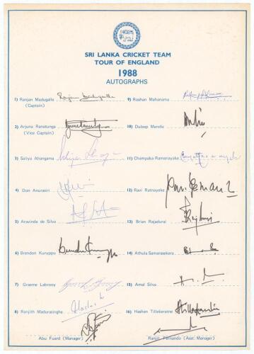 Sri Lanka tours to England 1988 and 1991. Two official autograph sheets with printed title and players&rsquo; names, fully signed in ink by the listed members of the Sri Lanka touring parties. Players&rsquo; signatures include Madugalle, Ranatunga, Ahangama, Anurasir