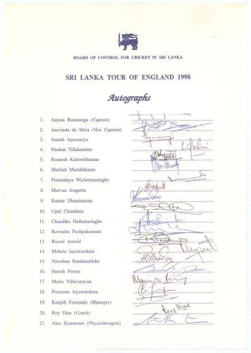 Sri Lanka tours to England 1998 and 2002. Two official autograph sheets with printed title and players&rsquo; names, fully signed in ink by the listed members of the Sri Lanka touring parties with the exception of Fernando on the 2002 sheet Players&rsquo; signatures 