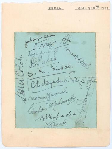 India tour to England 1932. Small album page laid to larger album page nicely signed in black ink by fourteen members of the 1932 Indian touring party. Signatures are Jahangir Khan, Nazir Ali, Joginda Singh, Palia, Nissar, Nayudu, Wazir Ali, Naoomal Jaoom