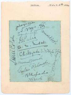 India tour to England 1932. Small album page laid to larger album page nicely signed in black ink by fourteen members of the 1932 Indian touring party. Signatures are Jahangir Khan, Nazir Ali, Joginda Singh, Palia, Nissar, Nayudu, Wazir Ali, Naoomal Jaoom
