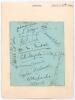 India tour to England 1932. Small album page laid to larger album page nicely signed in black ink by fourteen members of the 1932 Indian touring party. Signatures are Jahangir Khan, Nazir Ali, Joginda Singh, Palia, Nissar, Nayudu, Wazir Ali, Naoomal Jaoom