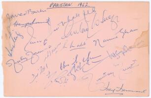 Pakistan tour to England 1962. Large album page signed in ink by sixteen members of the Pakistan touring party. Signatures include Javed Burki (Captain), Hanif Mohammad, Mushtaq Mohammad, Munir Malik, Nasim-ul-Ghani, Afaq Hussain, Ijaz Butt, Asif Ahmed, N