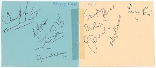 Pakistan tour to England 1967. Two large album pages taped together comprising twelve signatures in ink of members of the 1967 Pakistan touring party. Signatures include Hanif Mohammad (Captain), Arif Butt, Salahuddin, Fasihuddin, Waqar Ahmed, Pervez Sajj