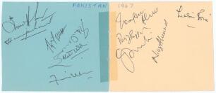 Pakistan tour to England 1967. Two large album pages taped together comprising twelve signatures in ink of members of the 1967 Pakistan touring party. Signatures include Hanif Mohammad (Captain), Arif Butt, Salahuddin, Fasihuddin, Waqar Ahmed, Pervez Sajj