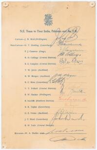 New Zealand tour to India, Pakistan and England 1965. Official autograph sheet signed in different coloured inks by sixteen members of the New Zealand touring party. Players&rsquo; signatures are Reid (Captain), Dowling, Cameron, Collinge, Congdon, Jarvis, Morg