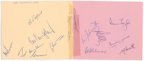 New Zealand tour to England 1969. Two large album pages signed in ink by fourteen members of the 1969 New Zealand touring party. Signatures include Pollard, Burgess, Congdon, Milburn, Cunis, Turner, D. Hadlee, Wadsworth, Murray, Taylor, Yuile, Howarth etc
