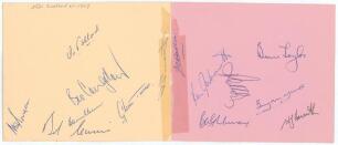 New Zealand tour to England 1969. Two large album pages signed in ink by fourteen members of the 1969 New Zealand touring party. Signatures include Pollard, Burgess, Congdon, Milburn, Cunis, Turner, D. Hadlee, Wadsworth, Murray, Taylor, Yuile, Howarth etc