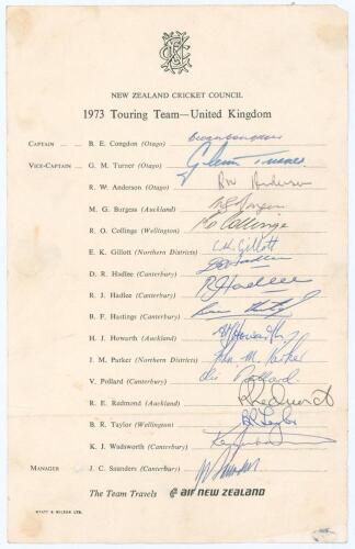 New Zealand tour to England 1973. Official New Zealand Cricket Council autograph sheet nicely signed in ink by all sixteen members of the New Zealand touring party. Signatures are Congdon (Captain), Turner, Anderson, Burgess, Collinge, Gillott, D. Hadlee,