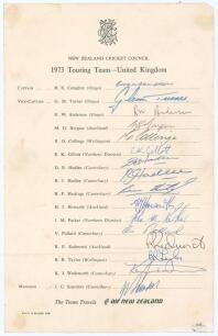 New Zealand tour to England 1973. Official New Zealand Cricket Council autograph sheet nicely signed in ink by all sixteen members of the New Zealand touring party. Signatures are Congdon (Captain), Turner, Anderson, Burgess, Collinge, Gillott, D. Hadlee,