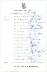 New Zealand tour to England 1978. Official New Zealand Cricket Council autograph sheet nicely signed in ink by all sixteen members of the New Zealand touring party. Signatures are Burgess (Captain), Parker, Anderson, Boock, Bracewell, Cairns, Congdon, Edg