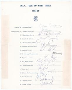 M.C.C. tour to West Indies 1967/68. Official M.C.C. autograph sheet signed by fifteen listed members of the M.C.C. touring party. Signatures are Cowdrey (Captain), Titmus, Barrington, Boycott, D&rsquo;Oliveira, Edrich, Graveney, Higgs, Hobbs, Jones, Knott, Milb