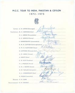 M.C.C. tour to India, Pakistan & Ceylon 1972/73. Official autograph sheet for the tour with printed title and players&rsquo; names, fully signed by all eighteen listed members of the touring party in ink. Signatures are Lewis (Captain), Denness, Amiss, Arnold, 