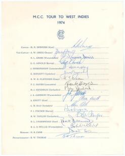 M.C.C. tour to West Indies 1974. Official autograph sheet with printed title and players&rsquo; names. Nicely and fully signed in ink by all eighteen members of the touring party. Signatures are Denness (Captain), Greig, Amiss, Arnold, Birkenshaw, Boycott, Flet