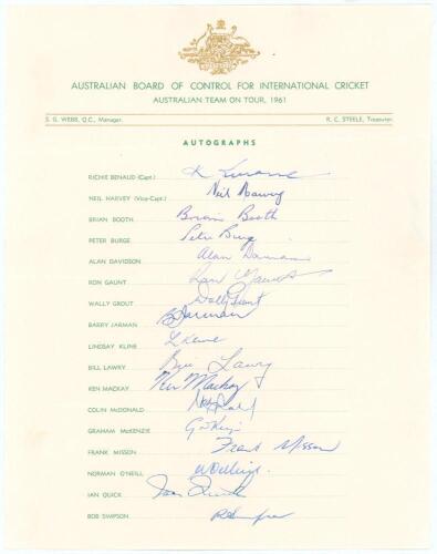 Australian tour to England 1961. Official autograph sheet with printed title and players&rsquo; names, fully signed in ink by all seventeen members of the touring party. Signatures are Benaud (Captain), Harvey, Booth, Burge, Davidson, Gaunt, Grout, Jarman, Klin