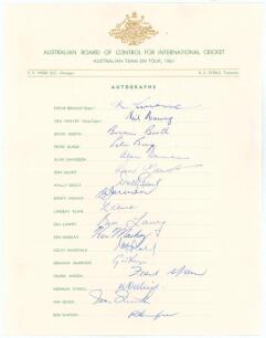 Australian tour to England 1961. Official autograph sheet with printed title and players&rsquo; names, fully signed in ink by all seventeen members of the touring party. Signatures are Benaud (Captain), Harvey, Booth, Burge, Davidson, Gaunt, Grout, Jarman, Klin