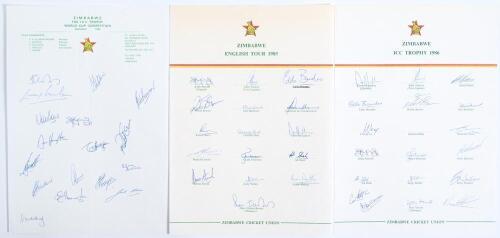 Zimbabwe tours to England 1982-1986. Three official autograph sheets for Zimbabwe tours including the I.C.C. Trophy 1982, tour to England 1985, and the I.C.C. Trophy 1986. Players&rsquo; signatures include Fletcher, Rowan, Hogg, Pycroft, Houghton, Hodgson, Trai