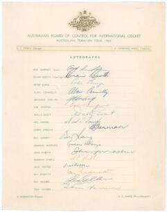 Australian tour to England 1964. Official autograph sheet with printed title and players&rsquo; names, fully signed in ink by all seventeen members of the touring party. Signatures are Simpson (Captain), Booth, Burge, Connolly, Corling, Cowper, Grout, Hawke, Ja