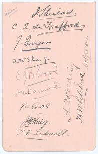Leicestershire C.C.C. 1913. Album page very nicely signed in black ink by twelve members of the Leicestershire team. Signatures are Shields (Captain), de Trafford, Burgess, Sharp, Wood, Bannister, Coe, King, Sidwell, Skelding, Whitehead and Brown. Very go