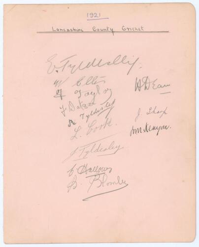 Lancashire C.C.C. 1921. Large album page nicely signed in pencil (two in ink) by twelve members of the Lancashire team. Signatures in ink are Kenyon (Captain) and Sharp, and in pencil E. Tyldesley, Ellis, Taylor, Watson, R. Tyldesley, Cook, J. Tyldesley, 