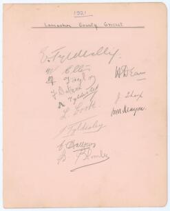Lancashire C.C.C. 1921. Large album page nicely signed in pencil (two in ink) by twelve members of the Lancashire team. Signatures in ink are Kenyon (Captain) and Sharp, and in pencil E. Tyldesley, Ellis, Taylor, Watson, R. Tyldesley, Cook, J. Tyldesley, 